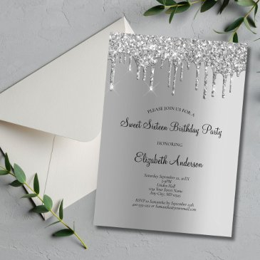 silver glitter drip glam sweet 16 birthday invitation