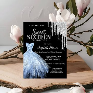 silver glitter drips,blue dress black sweet 16 invitation