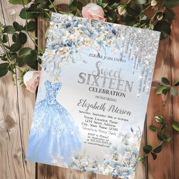 silver glitter drips,blue dress flowers sweet 16 invitation