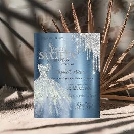 Small Silver Glitter Drips,blue Dress Metallic Sweet 16 Invitation Front View