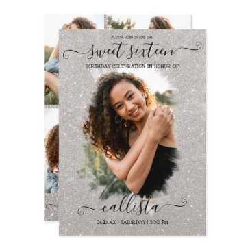 silver glitter halo photo collage sweet 16 invitation