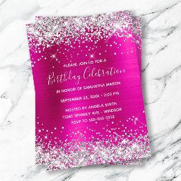 Small Silver Glitter Hot Pink Foil Birthday Celebration Invitation Front View