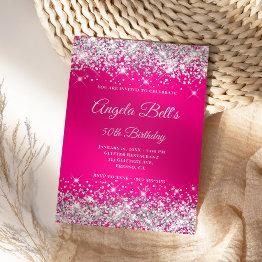 Small Silver Glitter Hot Pink Ombre Fancy Monogram Invitation Front View