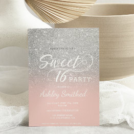Small Silver Glitter Ombre Blush Pink Sweet 16 Invitation Front View