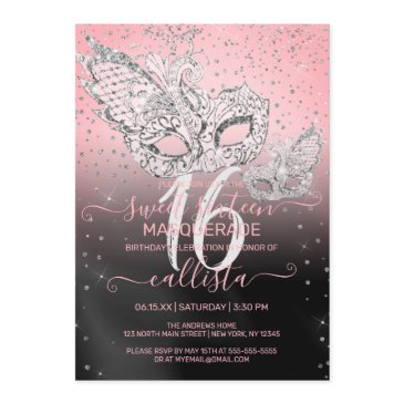 silver glitter pink black masquerade sweet 16 invitation