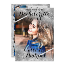 Small Silver Glitter Sequin Corner Photo Bachelorette Invitation Front View