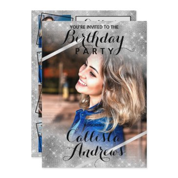 silver glitter sequins corners photo birthday invitation