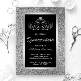 Small Silver Glitter Tiara Princess Black Quinceanera Invitation Front View