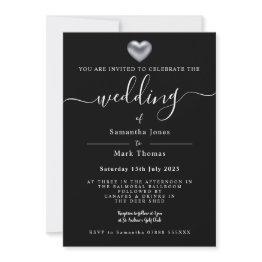 Small Silver Heart Black Wedding Invitation Front View
