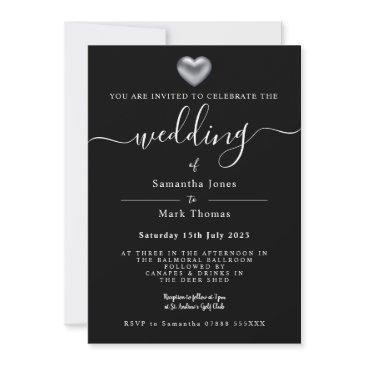 silver heart black wedding invitation
