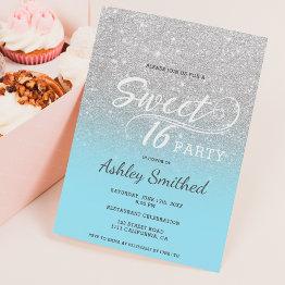 Small Silver Ice Blue Glitter Ombre Purple Sweet 16 Invitation Front View