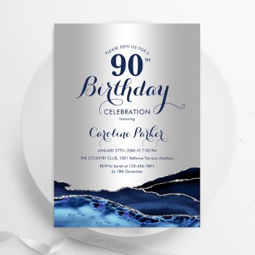 silver navy blue agate marble 90th birthday invitation