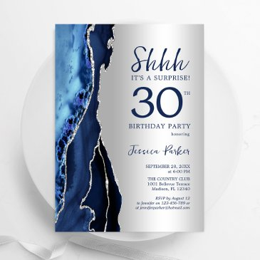 silver navy blue agate surprise 30th birthday invitation