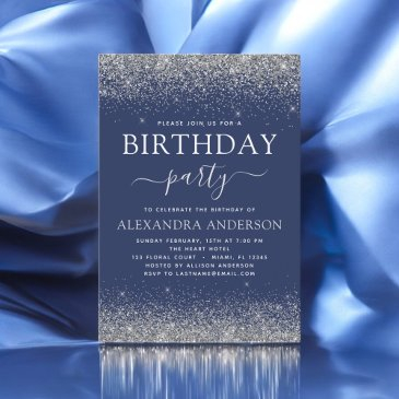 silver navy blue any age birthday modern glitter invitation