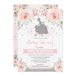 Small Silver Pink Floral Cinderella Princess Baby Shower Invitation Front View