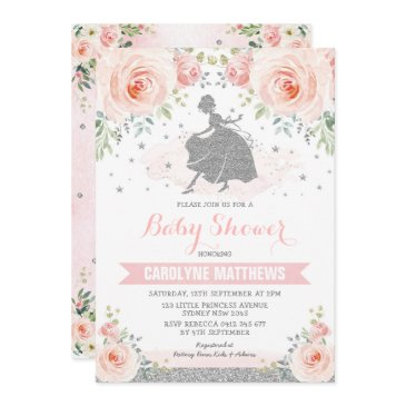 silver pink floral cinderella princess baby shower invitation