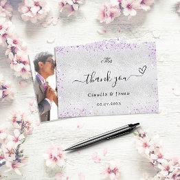 Small Silver Purple Photo Elegant Wedding Thank You Invitations Front View