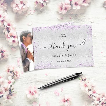 silver purple photo elegant wedding thank you invitations