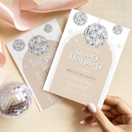 Small Silver Retro Disco Glitter Arch Hen Party Weekend Invitation Front View