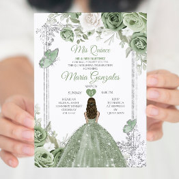 Small Silver Sage Green Mis Quince 15 Anos Butterfly Invitation Front View