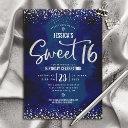 silver script navy watercolor sweet 16 birthday invitation