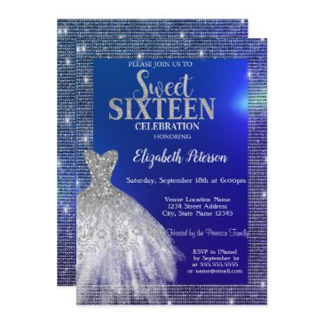 silver sequins,dress blue sweet 16 invitation