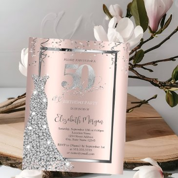 silver shiny dress rose gold 50th birthday invitation