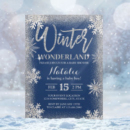 Small Silver Snowflakes Winter Wonderland Baby Shower Invitation Front View