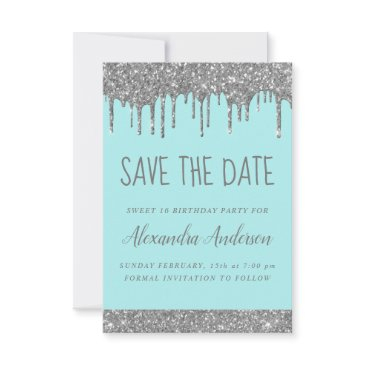 silver sparkle glitter sweet 16 save the date invitation