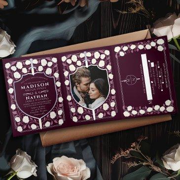 silver sword & shield medieval fantasy wedding red tri-fold invitation
