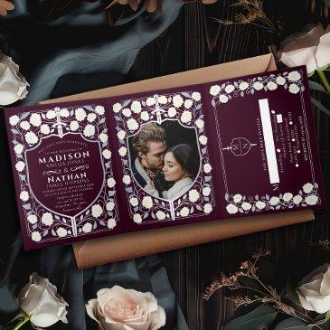 silver sword & shield medieval fantasy wedding red tri-fold invitation