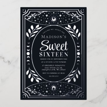 silver tarot witchy sweet 16 birthday party foil invitation