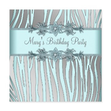 silver teal blue zebra womans birthday party invitation