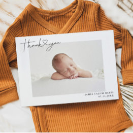 Small Simple Baby Photo Thank You Script Heart Birth Announcement Front View