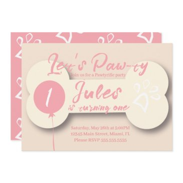 simple birthday dog bone paw-ty party pink cream invitation