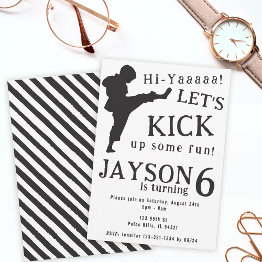Small Simple Black White Boy Karate Birthday Invitation Front View