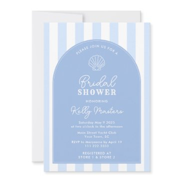 simple blue and white shell coastal bridal shower invitation