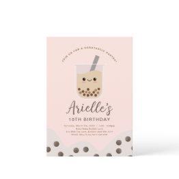 Small Simple Boba Bubble Milk Tea Pink Birthday Invitation Front View