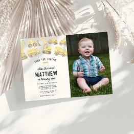 Small Simple Construction Themed Photo First Birthday Invitation Front View