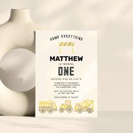 Small Simple Construction Vehicles First Birthday Invitation Front View