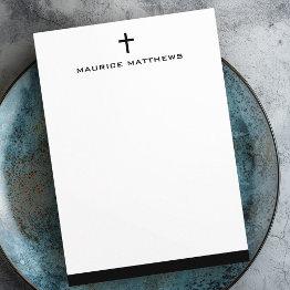 Small Simple Cross Masculine Name Black Border Flat Note Invitations Front View