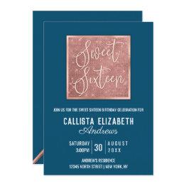 Small Simple Dark Teal Rose Gold Glitter Geo Sweet 16 Invitation Front View