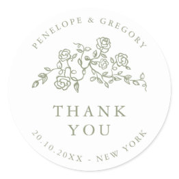 Small Simple Delicate Floral Sage Wedding Thank You Classic Round Sticker Front View