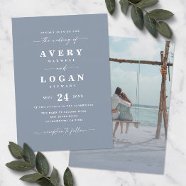 Small Simple Dusty Blue Wedding Invitation With Photo Front View