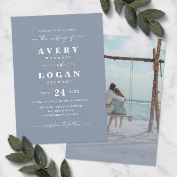 simple dusty blue wedding invitation with photo