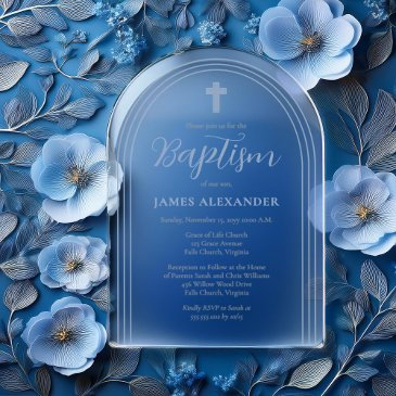simple elegant minimalist blue boy baptism acrylic invitations