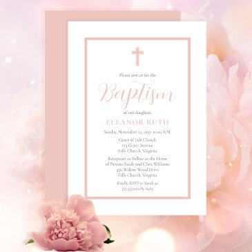 simple elegant minimalist blush pink girl baptism invitation