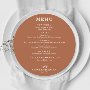 simple elegant terracotta round wedding dinner menu
