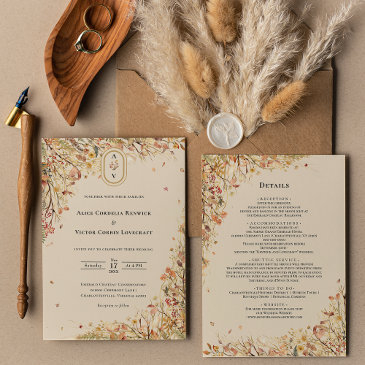 simple fall beige wedding monogram details and invitation