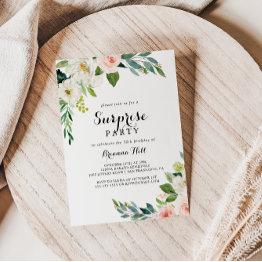 Small Simple Floral Green Foliage Surprise Party Invitation Front View